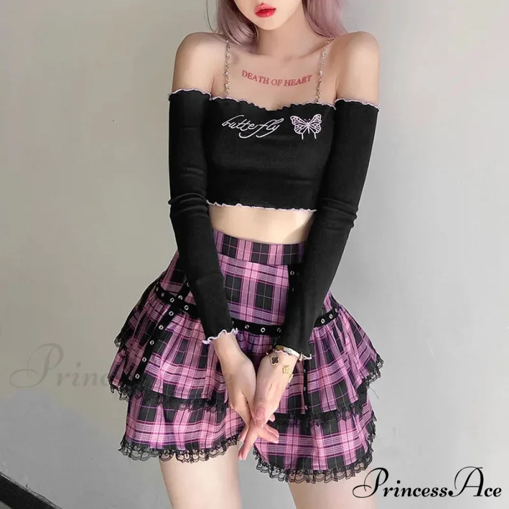 Lolita Cake Gothic Japanese Harajuku Purple Pink Plaid Pleated Skirt