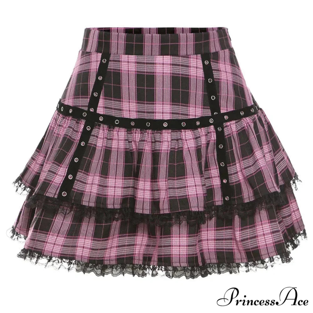Lolita Cake Gothic Japanese Harajuku Purple Pink Plaid Pleated Skirt