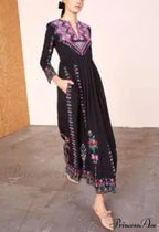 Long Dress Ethnic Floral Embroidery Rayon V-neck Stylish Dress
