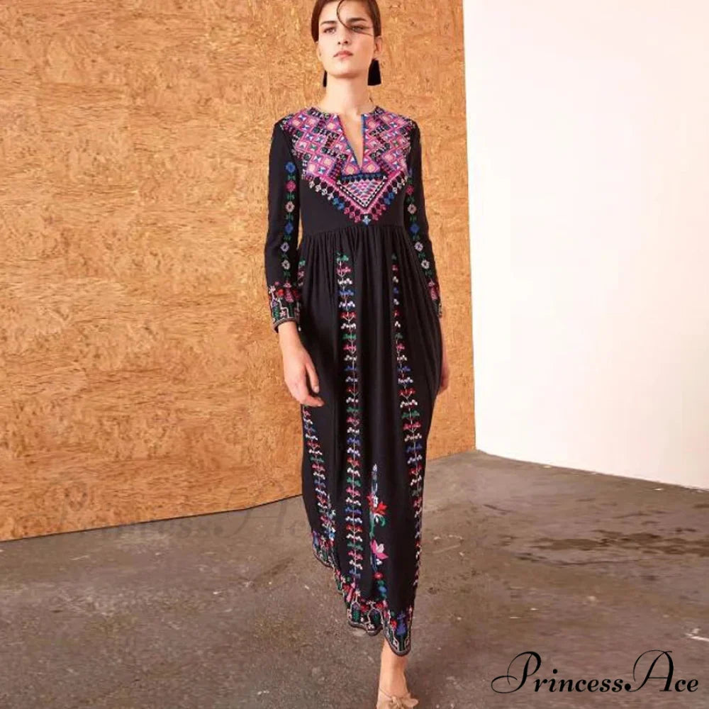 Long Dress Ethnic Floral Embroidery Rayon V-neck Stylish Dress