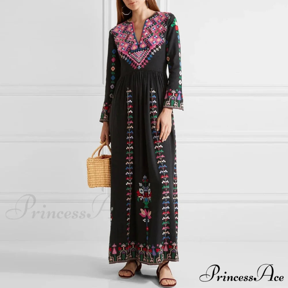 Long Dress Ethnic Floral Embroidery Rayon V-neck Stylish Dress