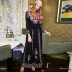 Long Dress Ethnic Floral Embroidery Rayon V-neck Stylish Dress