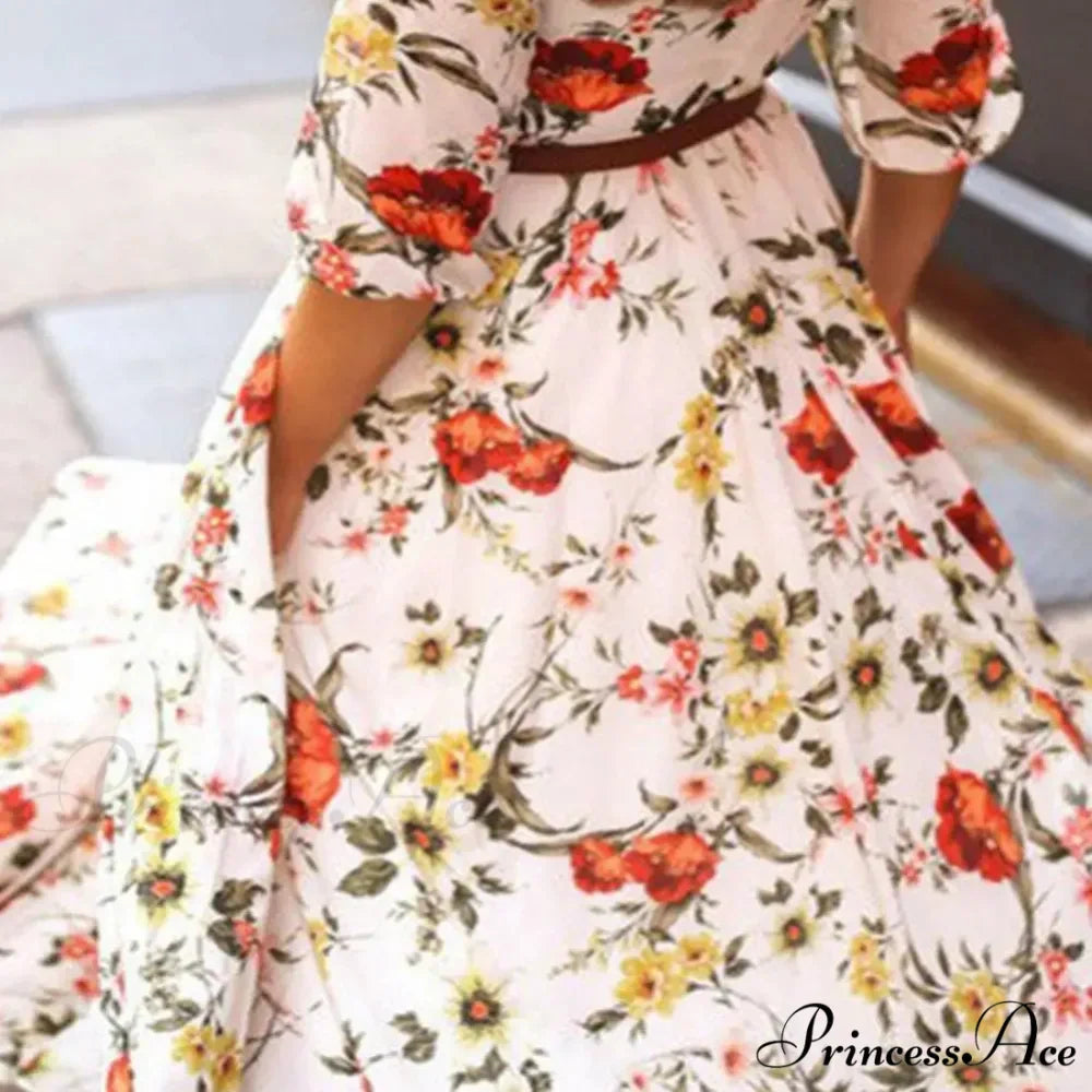 Long Dress Floral Pattern Pleated Swing Evening Dress