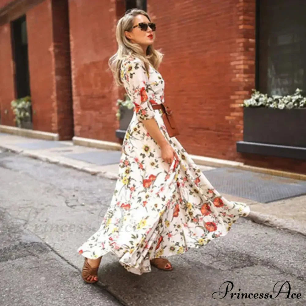 Long Dress Floral Pattern Pleated Swing Evening Dress