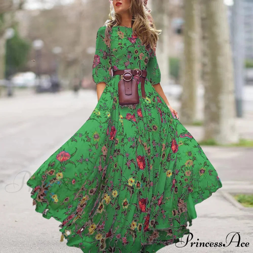 Long Dress Floral Pattern Pleated Swing Evening Dress