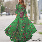 Long Dress Floral Pattern Pleated Swing Evening Dress