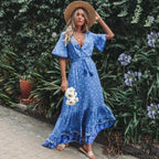 Long Dresses for Women Cotton Rayon Blue Floral Print Deep V-neck Boho Summer Dress