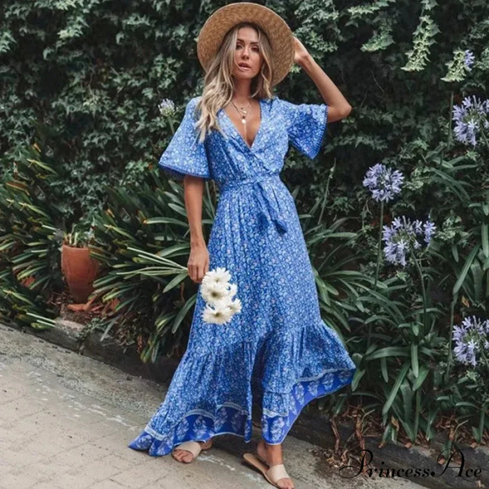 Long Dresses for Women Cotton Rayon Blue Floral Print Deep V-neck Boho Summer Dress