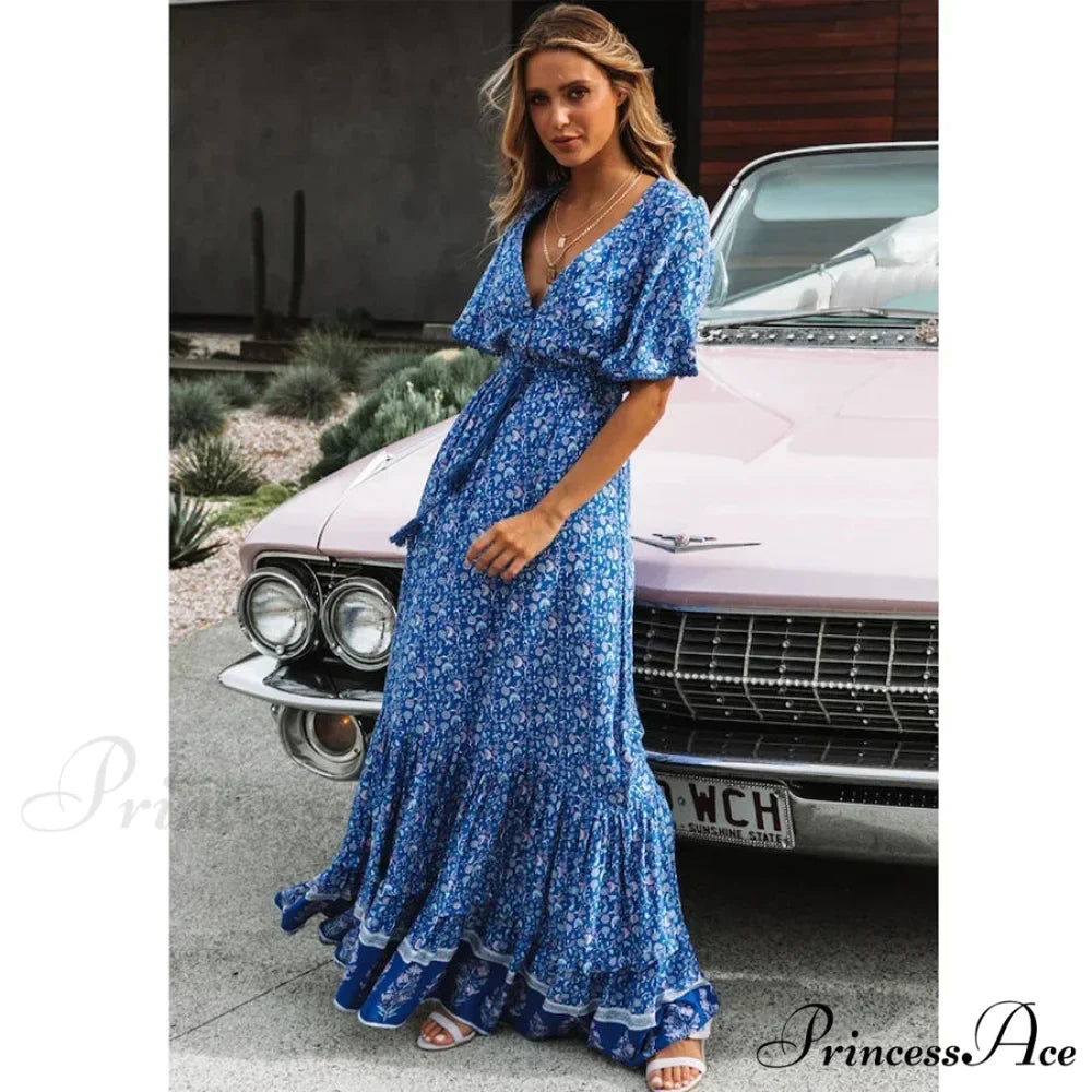 Long Dresses for Women Cotton Rayon Blue Floral Print Deep V-neck Boho Summer Dress