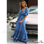 Long Dresses for Women Cotton Rayon Blue Floral Print Deep V-neck Boho Summer Dress