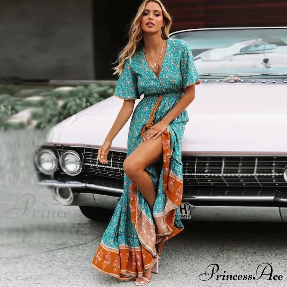 Long Dresses for Women Cotton Rayon Blue Floral Print Deep V-neck Boho Summer Dress