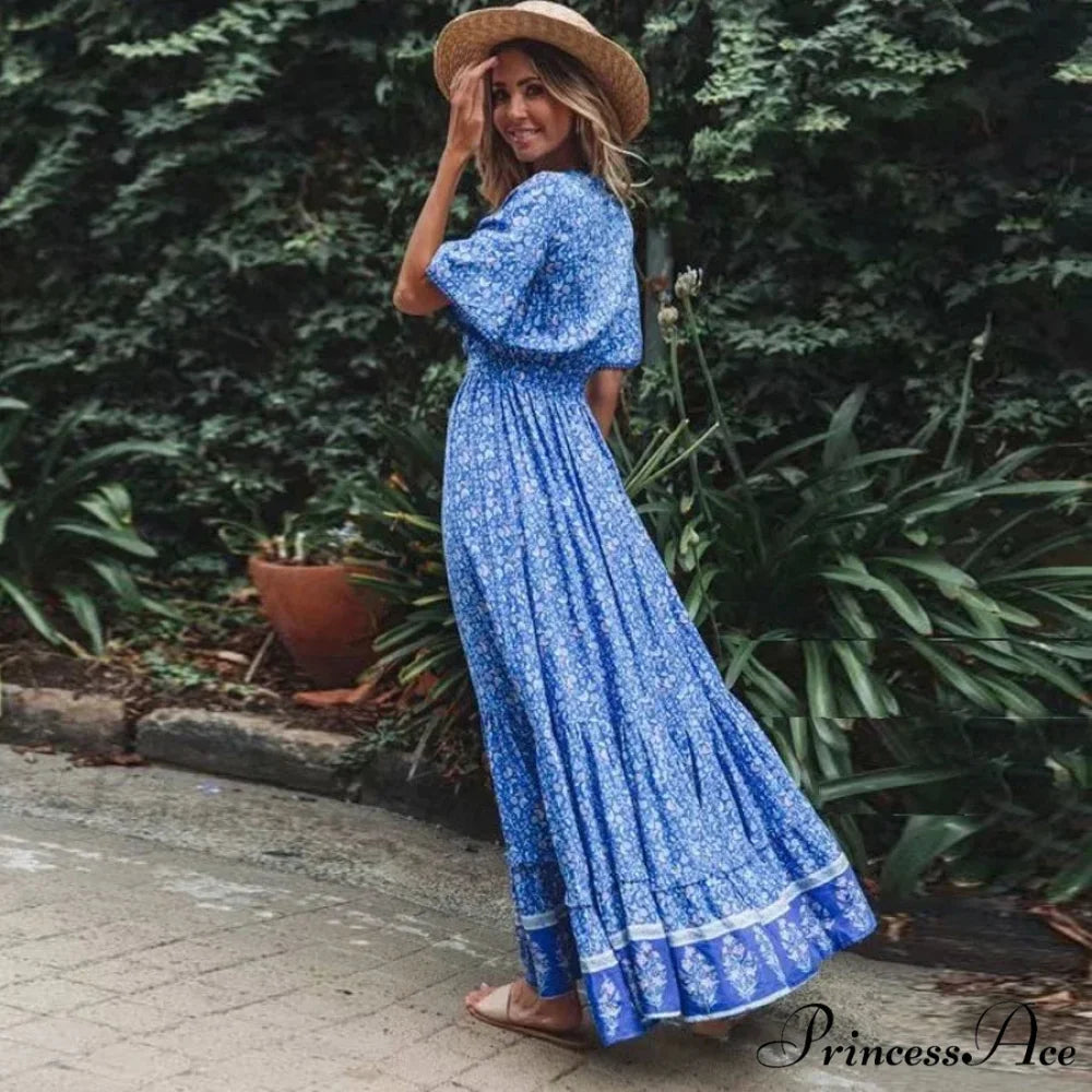 Long Dresses for Women Cotton Rayon Blue Floral Print Deep V-neck Boho Summer Dress