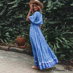 Long Dresses for Women Cotton Rayon Blue Floral Print Deep V-neck Boho Summer Dress