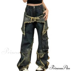 Long Fading Distressed Star Vintage Denim Jeans