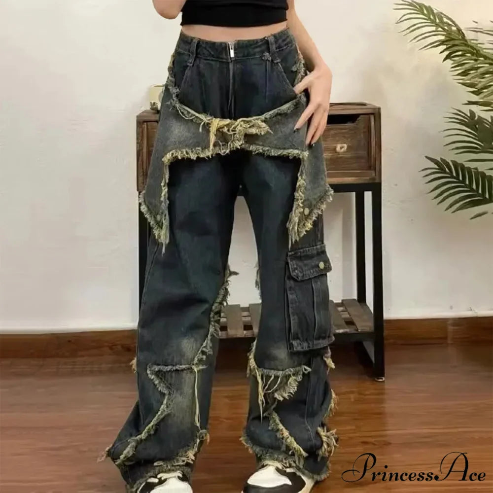 Long Fading Distressed Star Vintage Denim Jeans