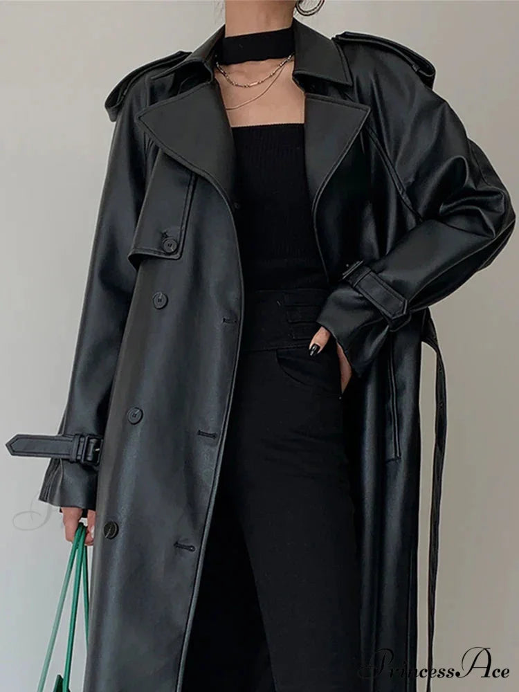 Long Gray Pu Leather Raglan Sleeve Belt Runway Luxury Designer European Fashion Stylish Coat