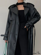 Long Gray Pu Leather Raglan Sleeve Belt Runway Luxury Designer European Fashion Stylish Coat