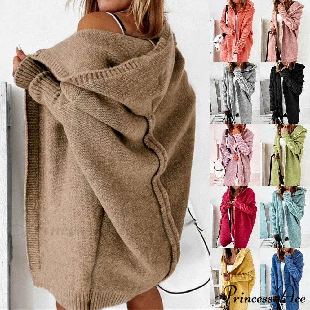 Long Hooded Cardigan Women Solid Color Braid Knit Overcoat