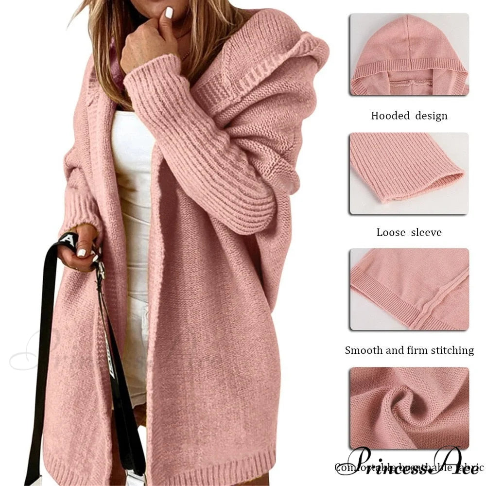Long Hooded Cardigan Women Solid Color Braid Knit Overcoat