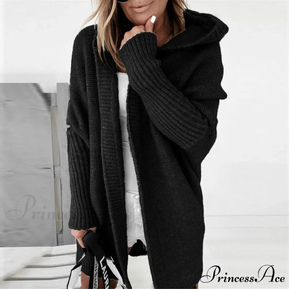 Long Hooded Cardigan Women Solid Color Braid Knit Overcoat