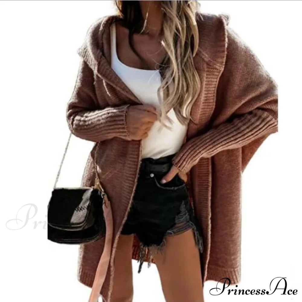 Long Hooded Cardigan Women Solid Color Braid Knit Overcoat