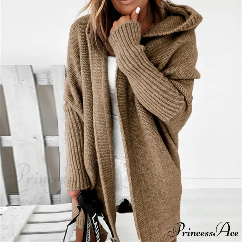 Long Hooded Cardigan Women Solid Color Braid Knit Overcoat