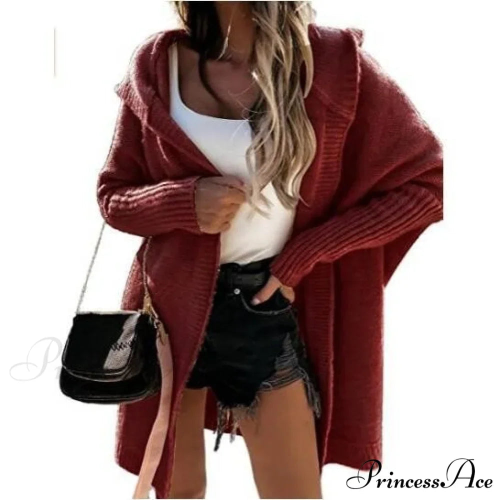 Long Hooded Cardigan Women Solid Color Braid Knit Overcoat