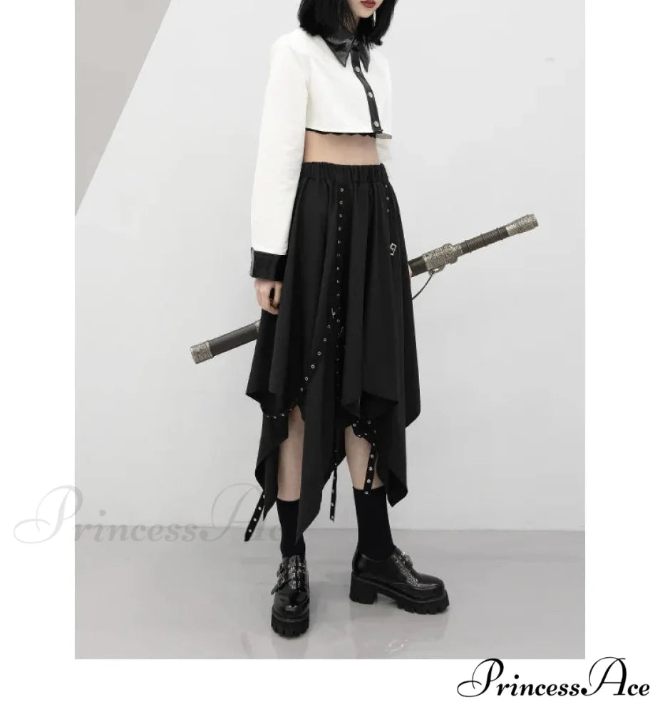Long Irregular Dark Tie Street Wind Weave Buckle Y2k Skirt