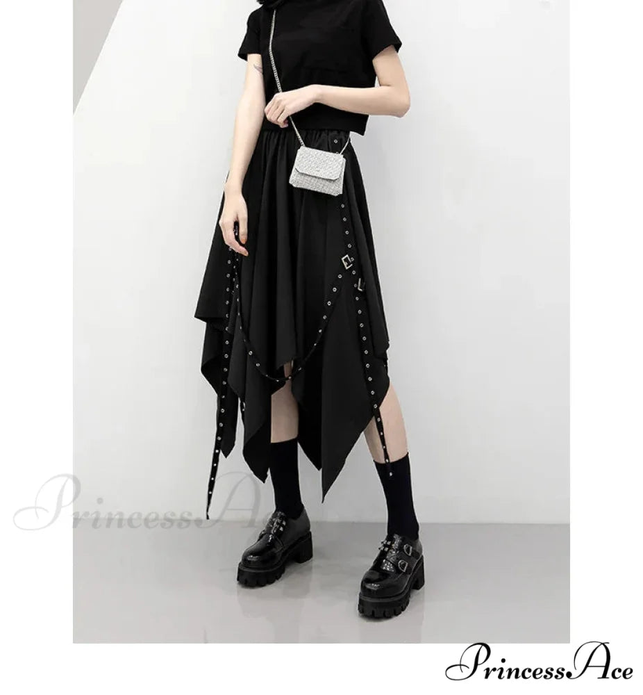 Long Irregular Dark Tie Street Wind Weave Buckle Y2k Skirt