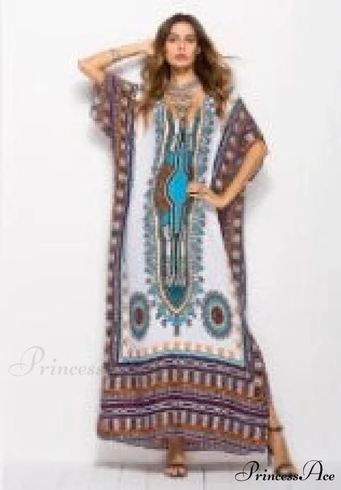 Long Kaftan Dress Rayon Cultural Floral Print Beach Sundress