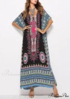 Long Kaftan Dress Rayon Cultural Floral Print Beach Sundress