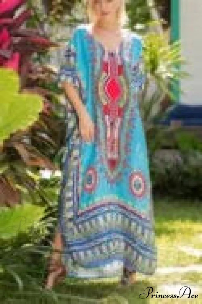 Long Kaftan Dress Rayon Cultural Floral Print Beach Sundress