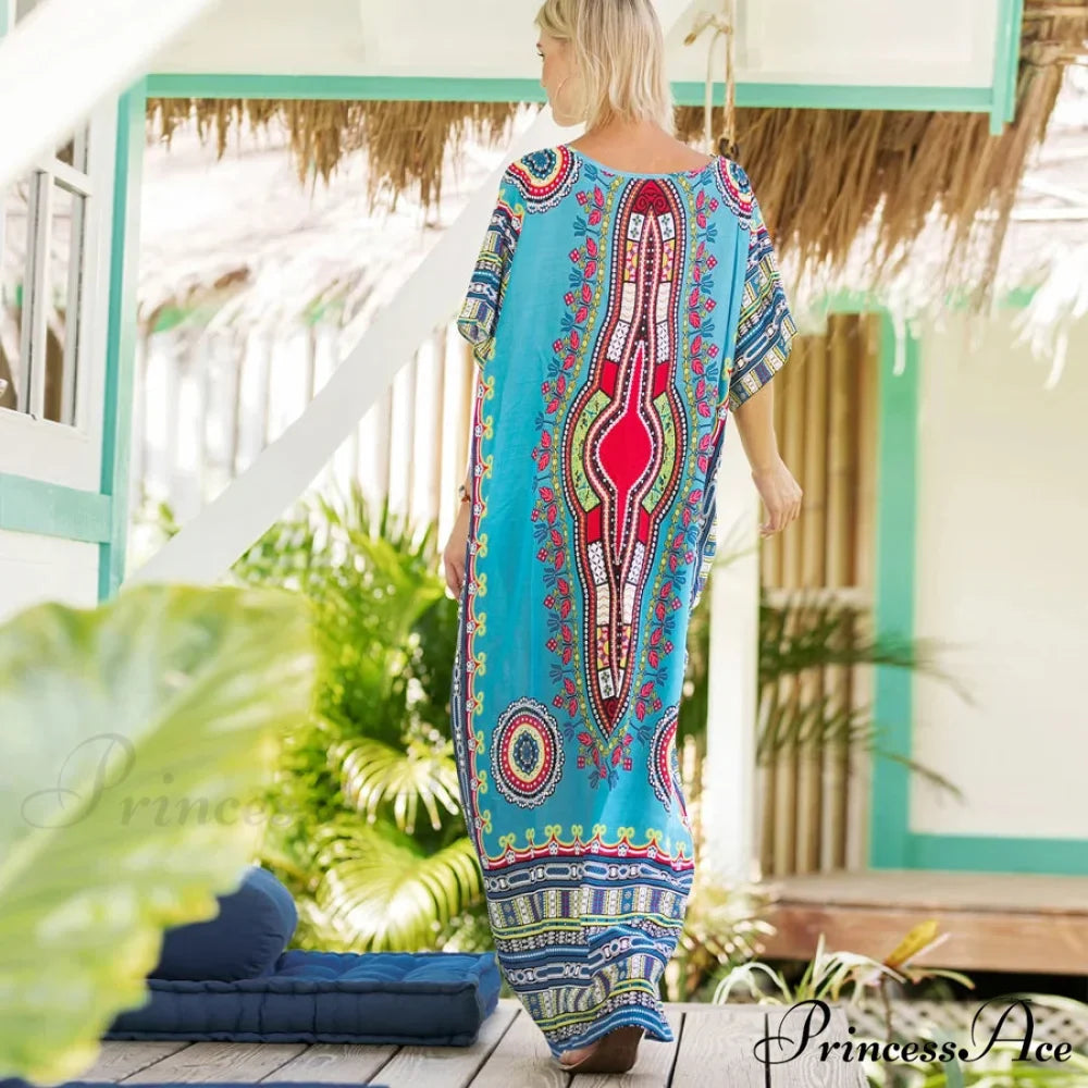 Long Kaftan Dress Rayon Cultural Floral Print Beach Sundress