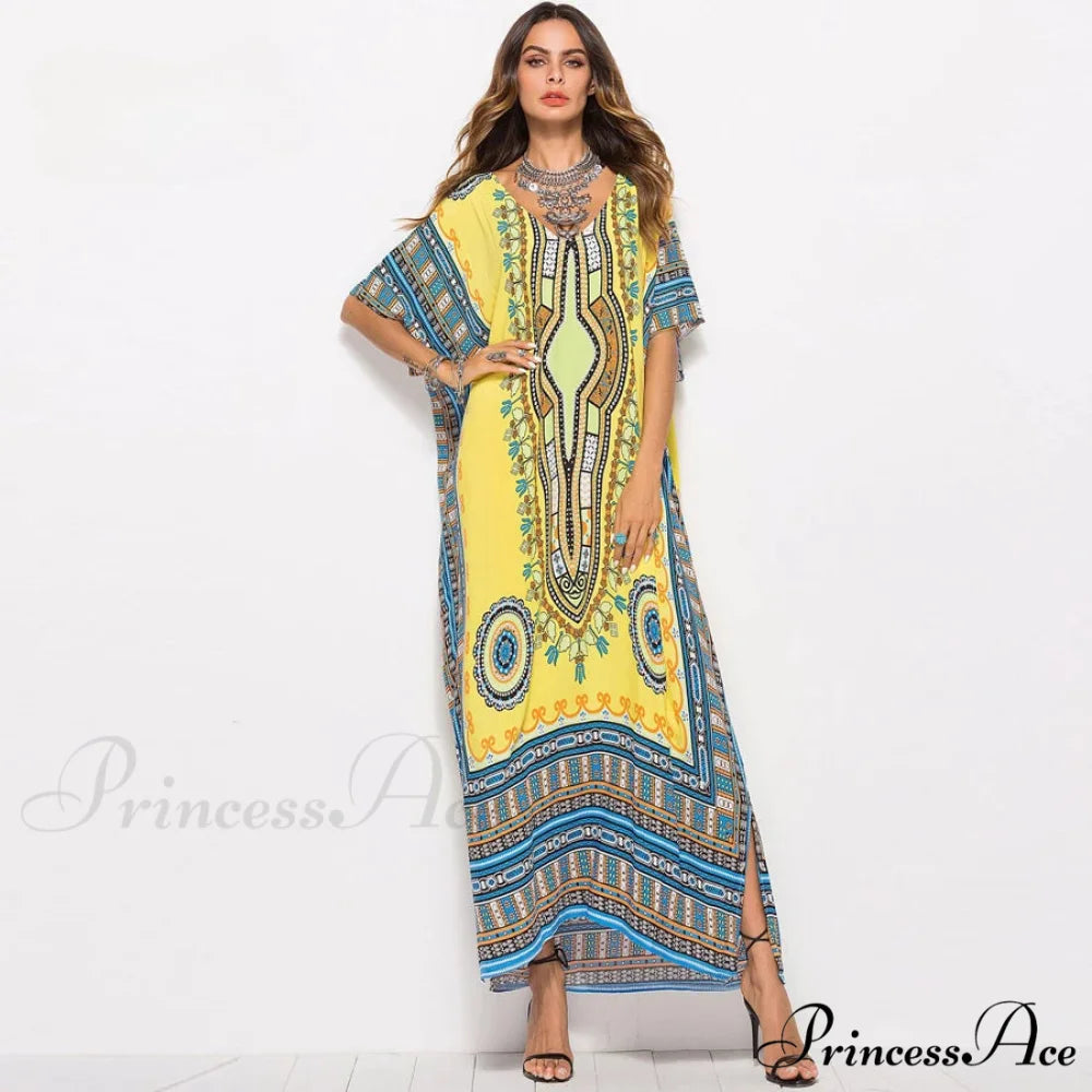 Long Kaftan Dress Rayon Cultural Floral Print Beach Sundress