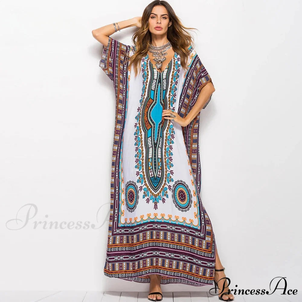 Long Kaftan Dress Rayon Cultural Floral Print Beach Sundress