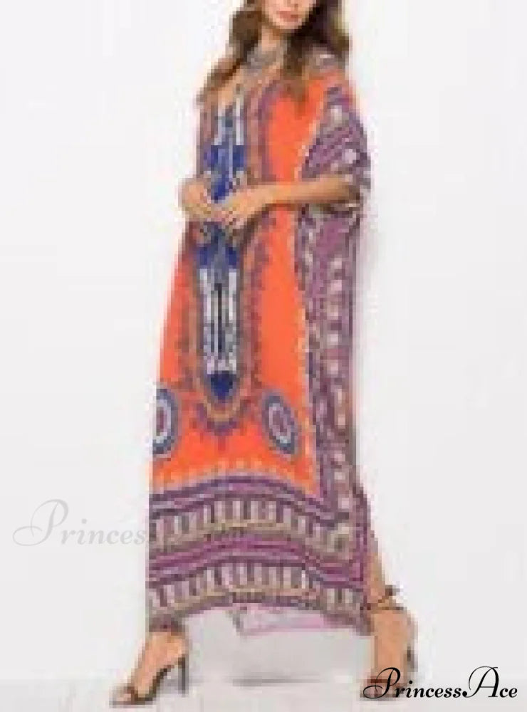 Long Kaftan Dress Rayon Cultural Floral Print Beach Sundress