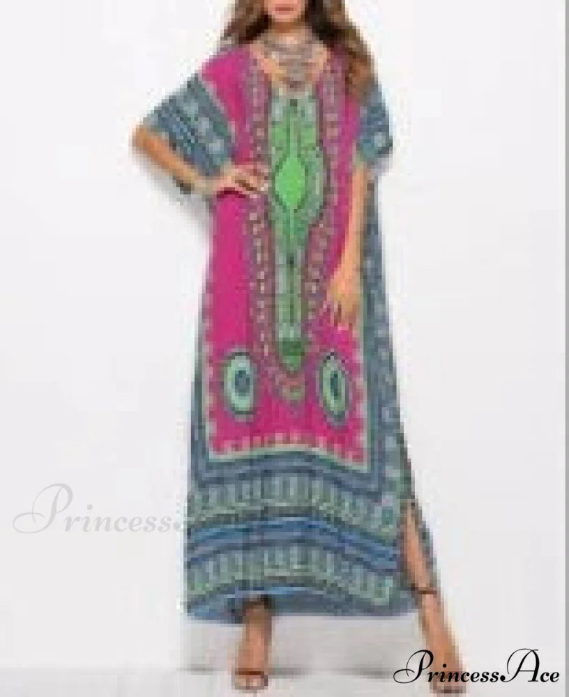 Long Kaftan Dress Rayon Cultural Floral Print Beach Sundress