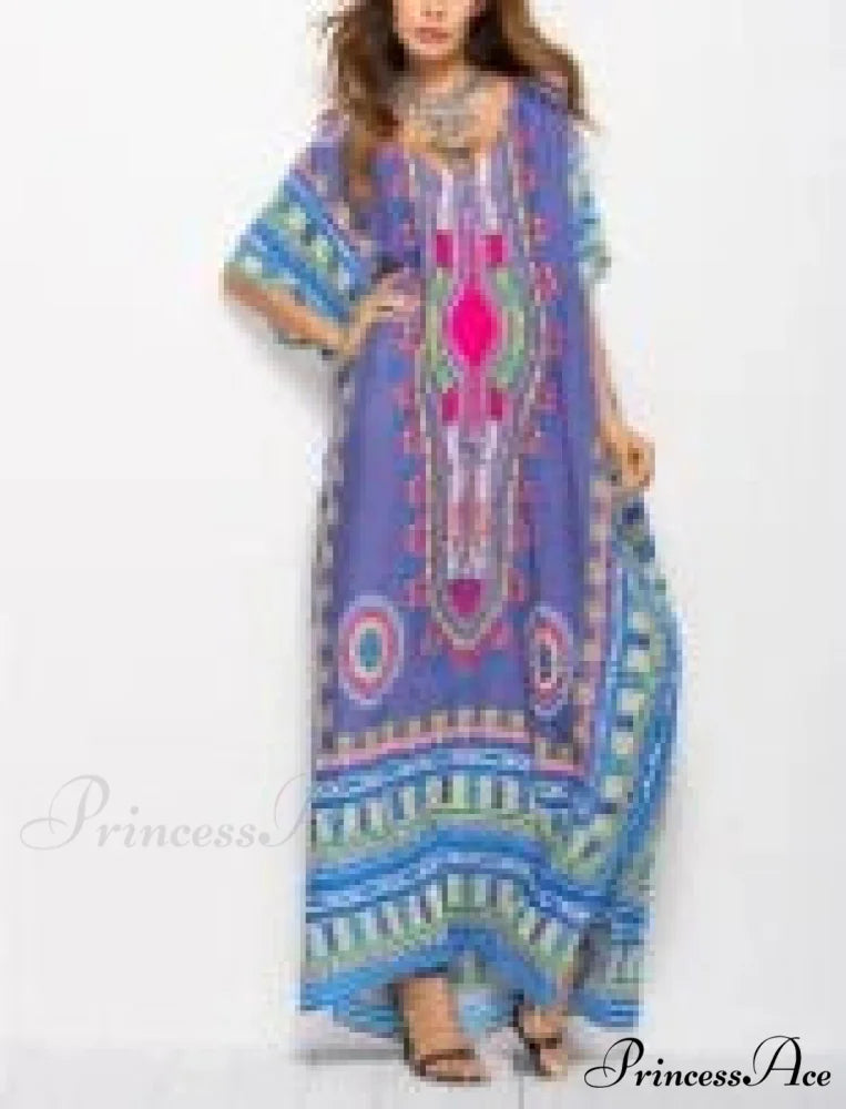 Long Kaftan Dress Rayon Cultural Floral Print Beach Sundress