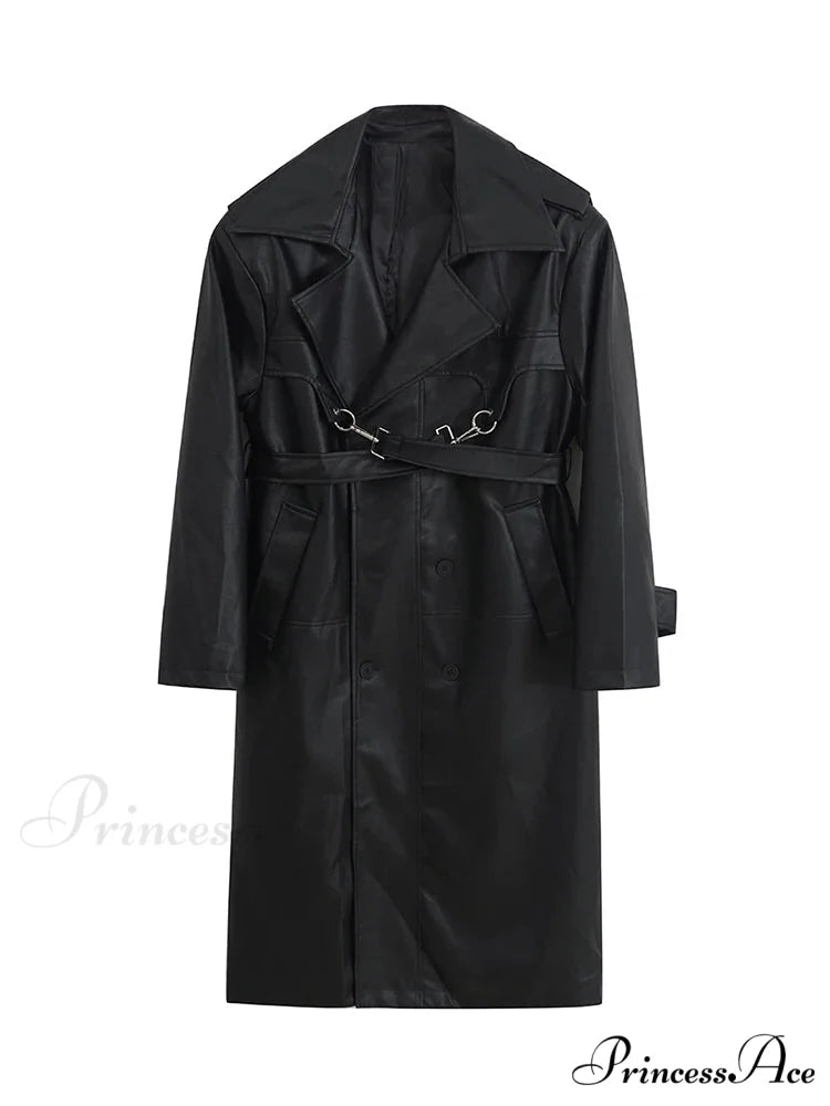 Long Oversized Black Brown Pu Leather Double Breasted Loose Luxury Designer Stylish Coat