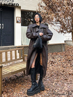 Long Oversized Black Brown Pu Leather Double Breasted Loose Luxury Designer Stylish Coat
