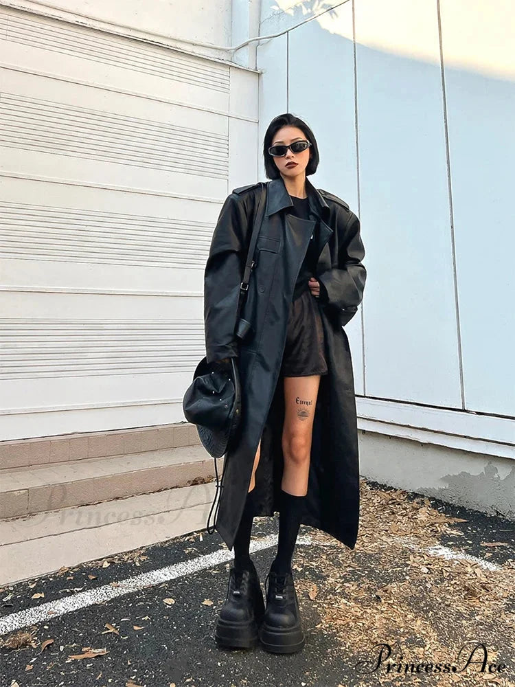 Long Oversized Black Brown Pu Leather Double Breasted Loose Luxury Designer Stylish Coat