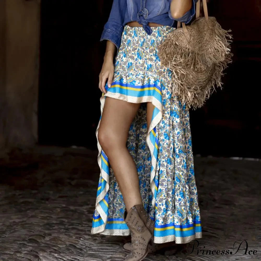 Long Skirt Tall Waist Asymmetrical Hem Floral Pattern Free-spirited