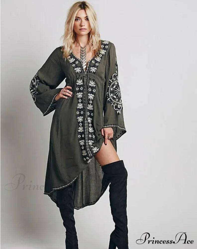 Long Sleeve Antique Flower Stitched Cotton Tunic Dress