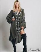 Long Sleeve Antique Flower Stitched Cotton Tunic Dress