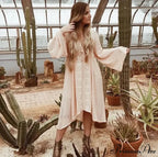 Long Sleeve Antique Flower Stitched Cotton Tunic Dress