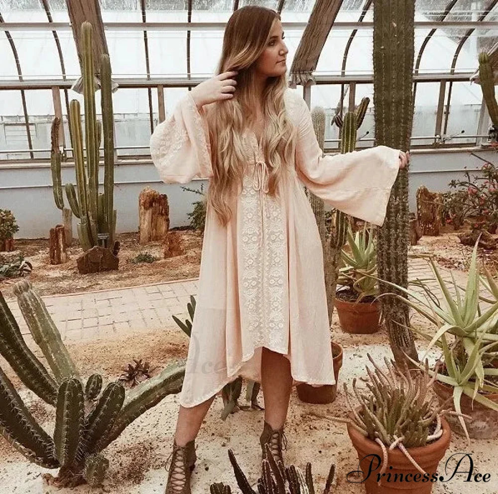 Long Sleeve Antique Flower Stitched Cotton Tunic Dress