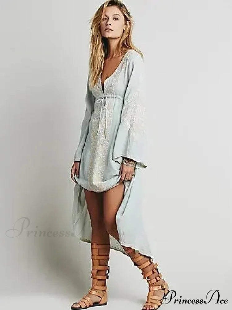 Long Sleeve Antique Flower Stitched Cotton Tunic Dress