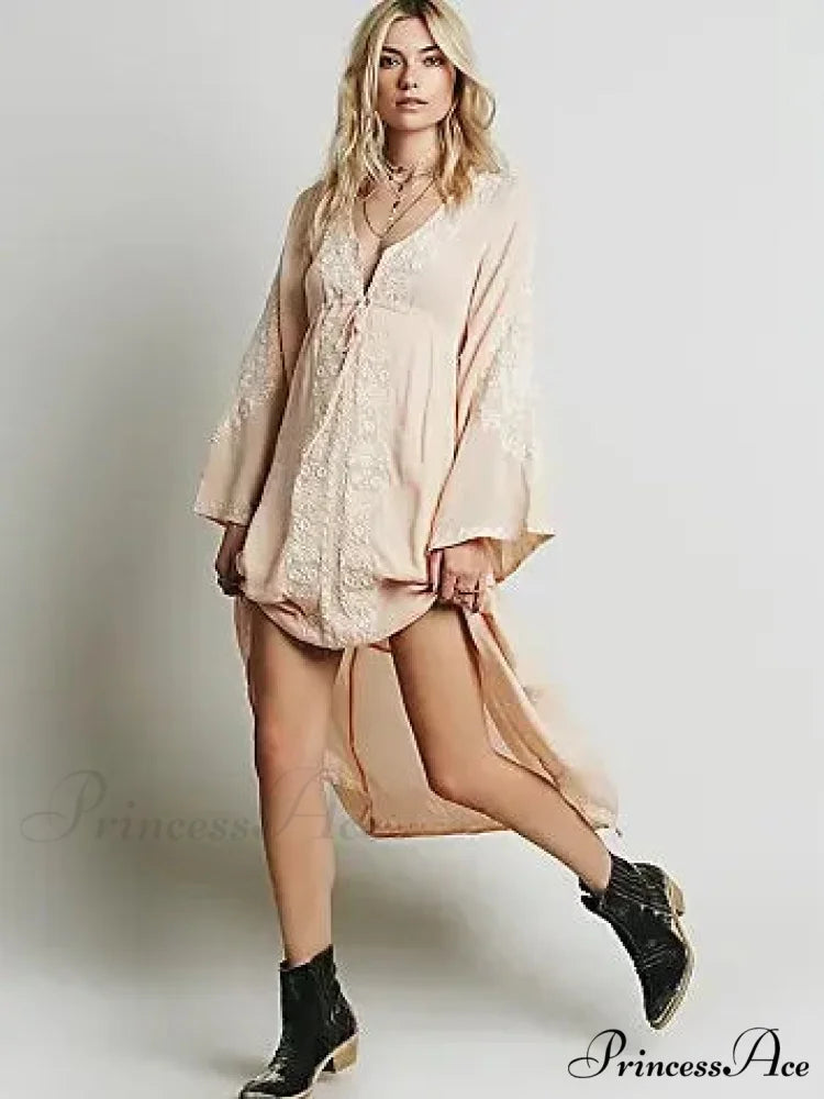 Long Sleeve Antique Flower Stitched Cotton Tunic Dress