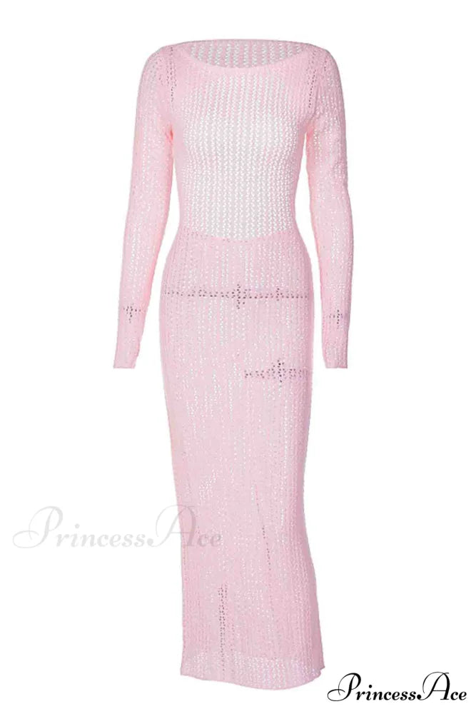 Long Sleeve Backless Knitted Midi Dress with Hollow Out Design