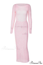 Long Sleeve Backless Knitted Midi Dress with Hollow Out Design